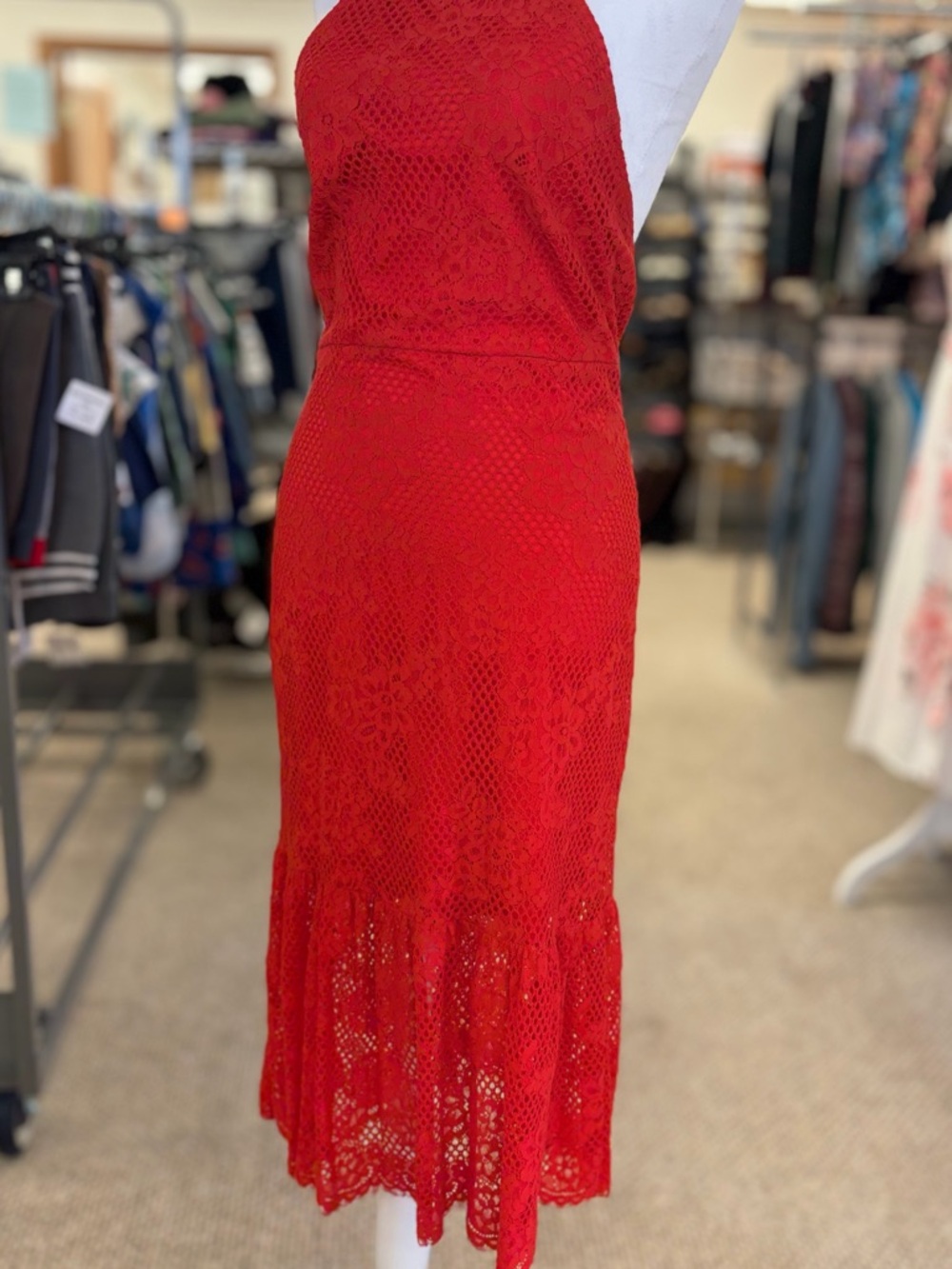 Summer Red Lace Midi Dress with Flounced Hem